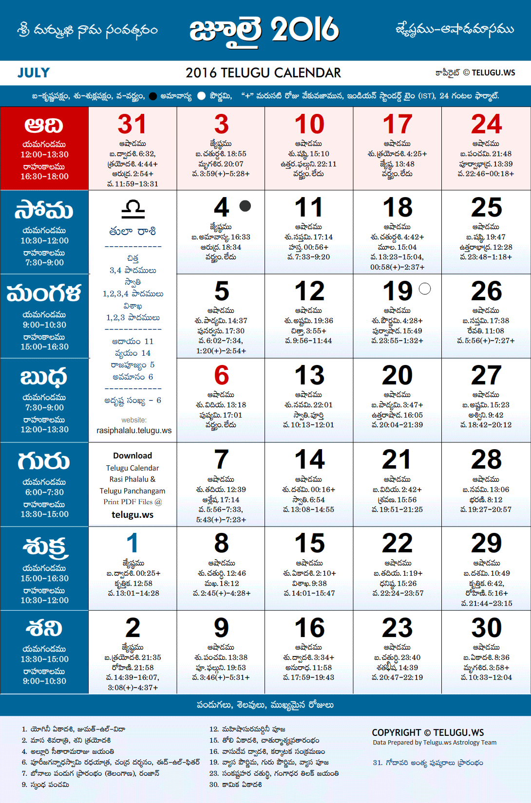 Telugu Calendar 2016 July Festivals and Holidays