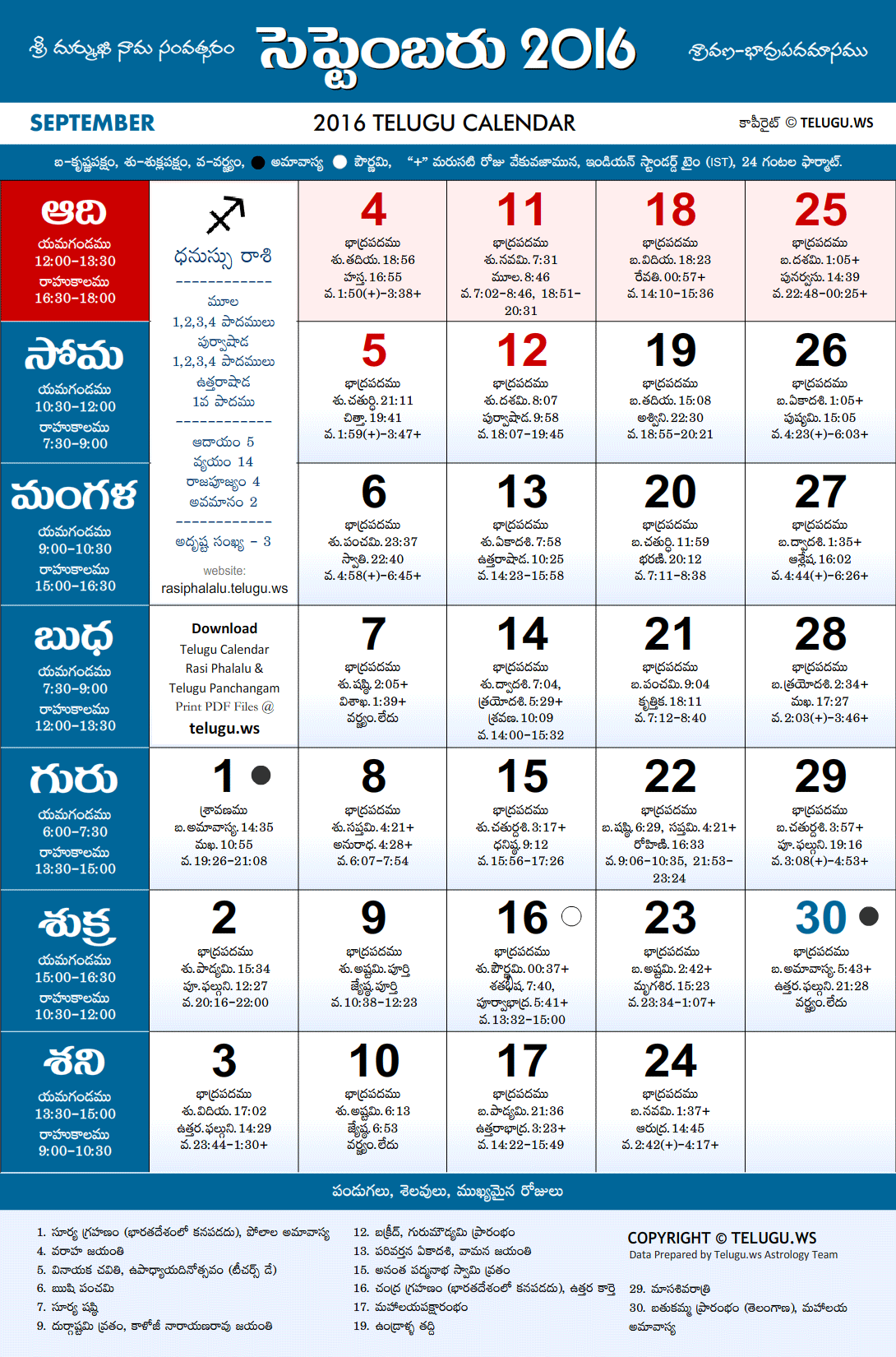 Telugu Calendar 2016 September Festivals and Holidays