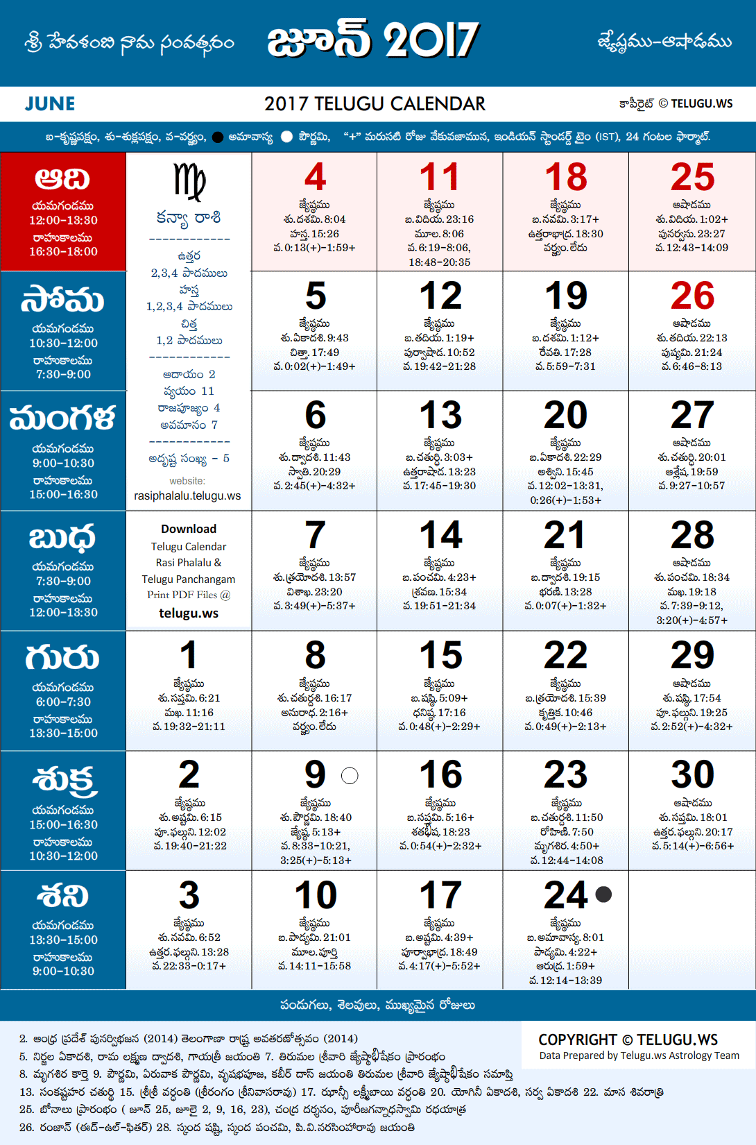 Telugu Calendar 2017 June Festivals and Holidays