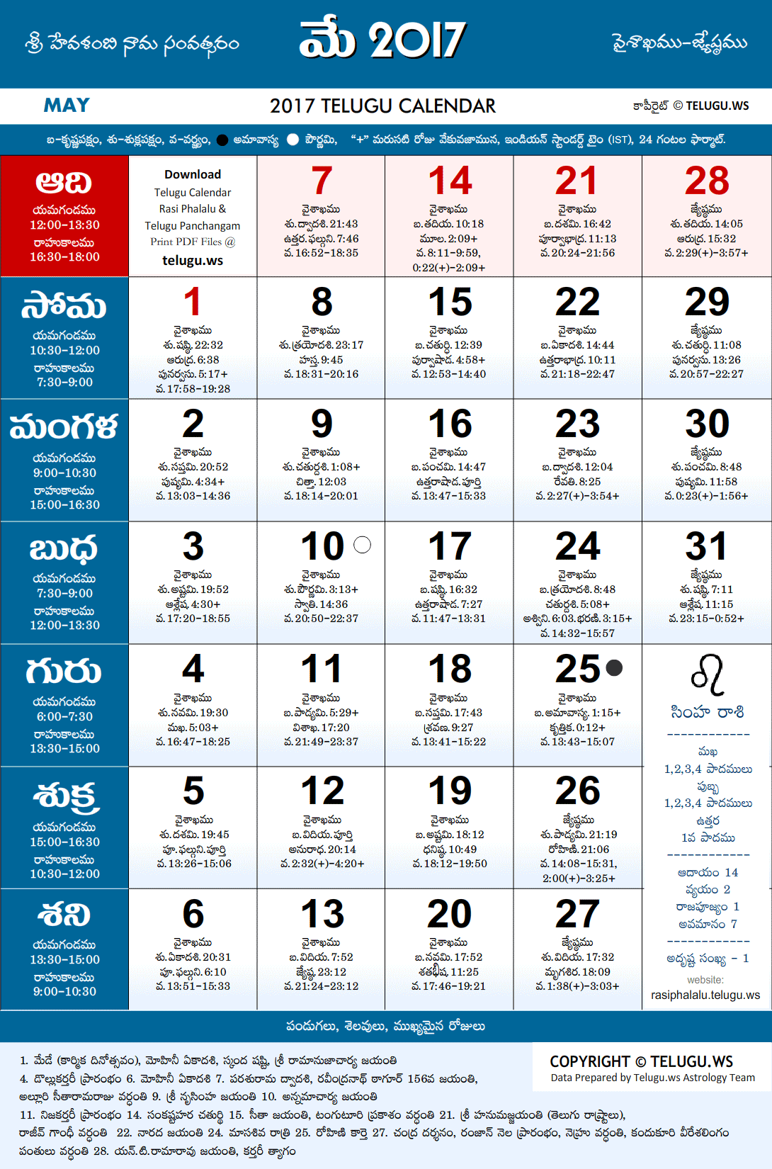 Telugu Calendar 2017 May Festivals and Holidays